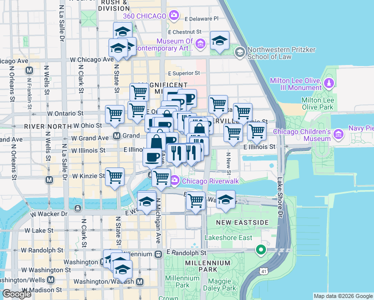 map of restaurants, bars, coffee shops, grocery stores, and more near 211 East Illinois Street in Chicago