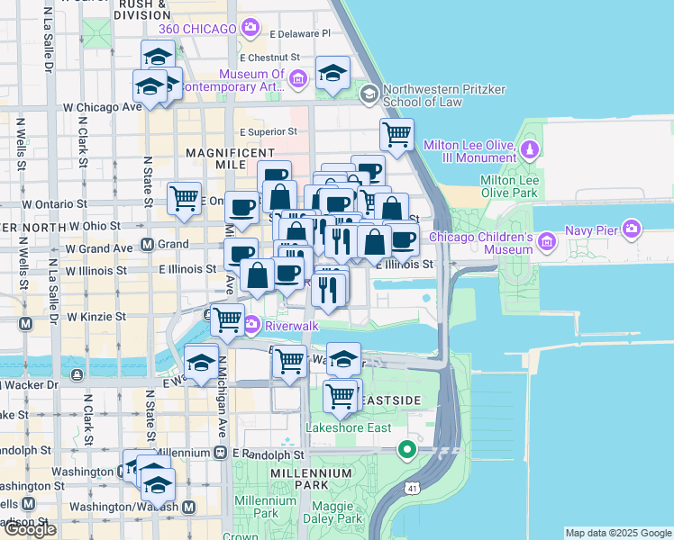 map of restaurants, bars, coffee shops, grocery stores, and more near 324 East Illinois Street in Chicago