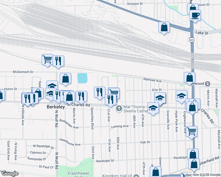 map of restaurants, bars, coffee shops, grocery stores, and more near 63 51st Avenue in Bellwood