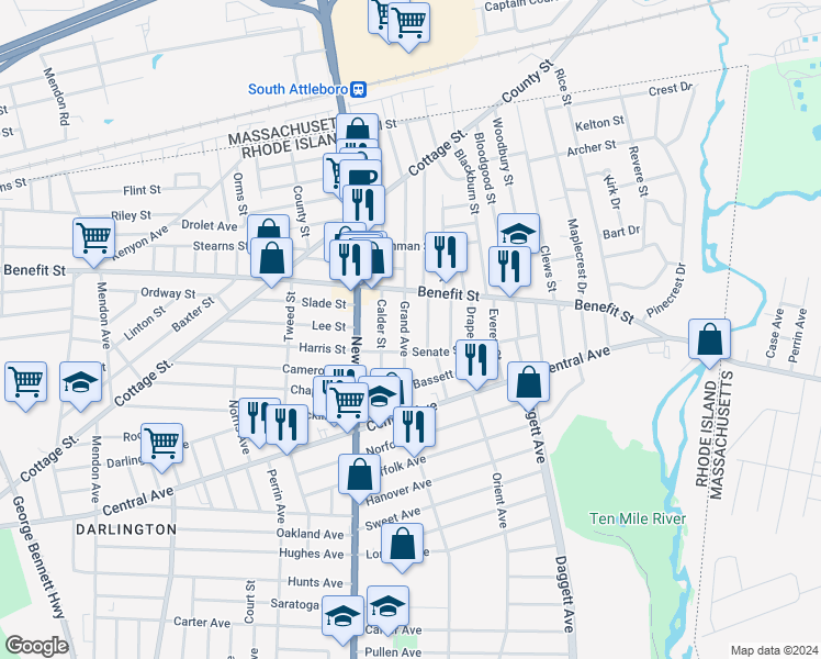 map of restaurants, bars, coffee shops, grocery stores, and more near 395 Grand Avenue in Pawtucket