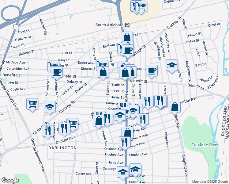 map of restaurants, bars, coffee shops, grocery stores, and more near 126 Harris Street in Pawtucket
