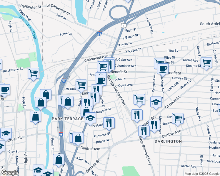 map of restaurants, bars, coffee shops, grocery stores, and more near 38 Webster Street in Pawtucket