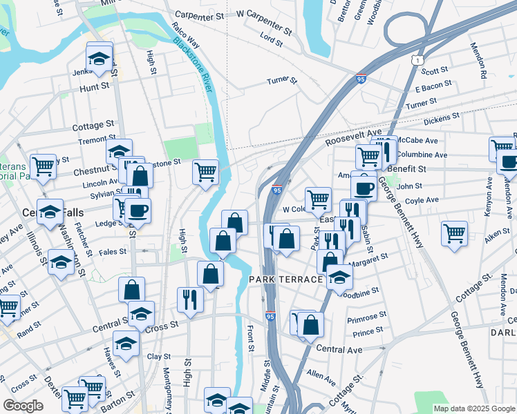 map of restaurants, bars, coffee shops, grocery stores, and more near 441 Fountain Street in Pawtucket