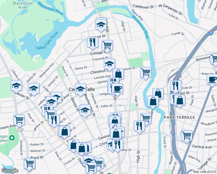 map of restaurants, bars, coffee shops, grocery stores, and more near in Central Falls