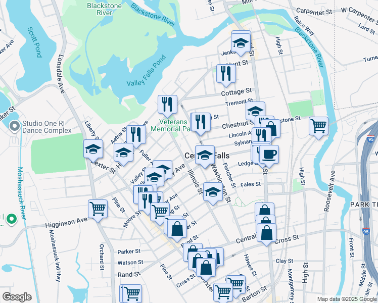 map of restaurants, bars, coffee shops, grocery stores, and more near 281 Illinois Street in Central Falls