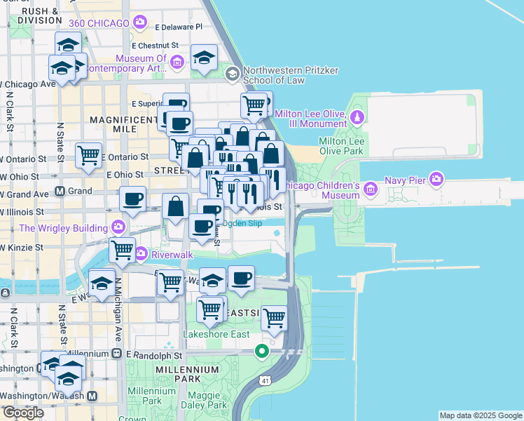 map of restaurants, bars, coffee shops, grocery stores, and more near 465 North McClurg Court in Chicago