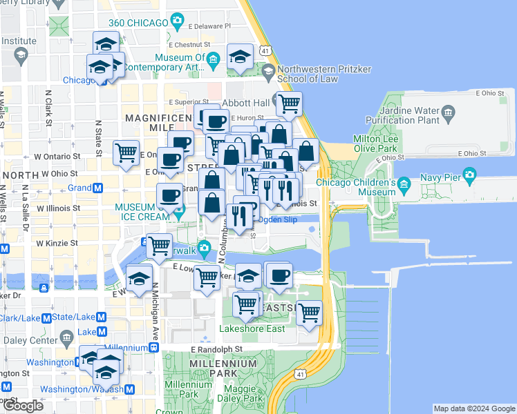 map of restaurants, bars, coffee shops, grocery stores, and more near 440 North McClurg Court in Chicago