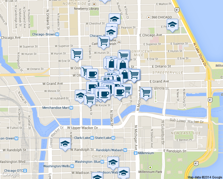 map of restaurants, bars, coffee shops, grocery stores, and more near 11 West Illinois Street in Chicago