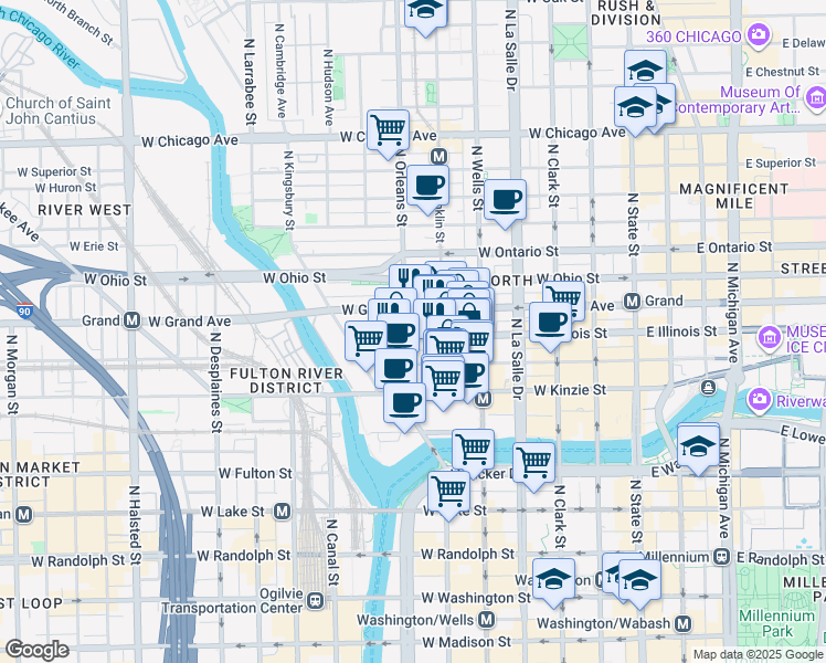 map of restaurants, bars, coffee shops, grocery stores, and more near in Chicago