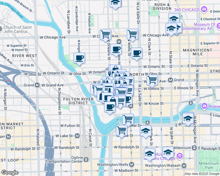 map of restaurants, bars, coffee shops, grocery stores, and more near 440 North Orleans Street in Chicago