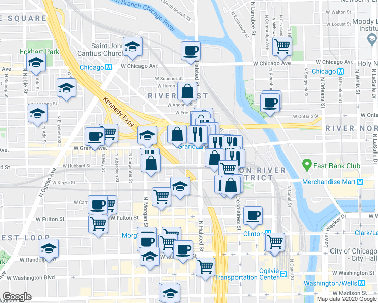 map of restaurants, bars, coffee shops, grocery stores, and more near 448 North Halsted Street in Chicago
