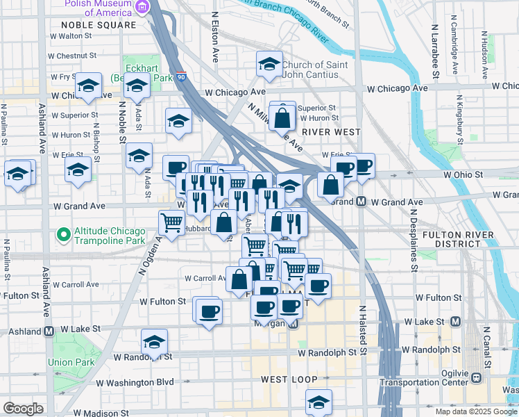 map of restaurants, bars, coffee shops, grocery stores, and more near 448 North Carpenter Street in Chicago