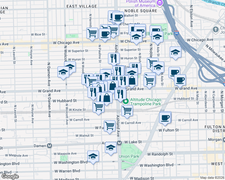 map of restaurants, bars, coffee shops, grocery stores, and more near 1607 West Grand Avenue in Chicago