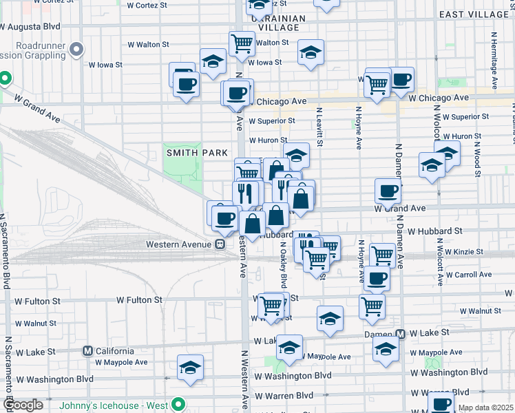 map of restaurants, bars, coffee shops, grocery stores, and more near 2331 West Grand Avenue in Chicago