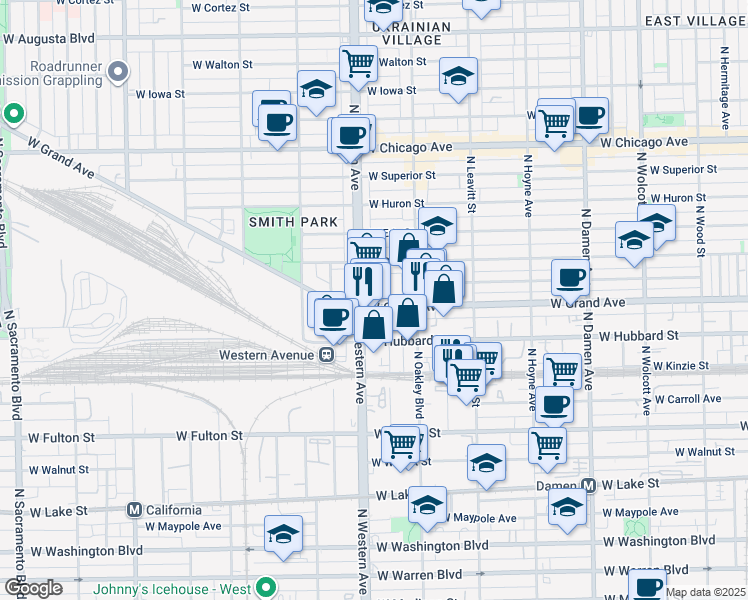 map of restaurants, bars, coffee shops, grocery stores, and more near 2331 West Grand Avenue in Chicago
