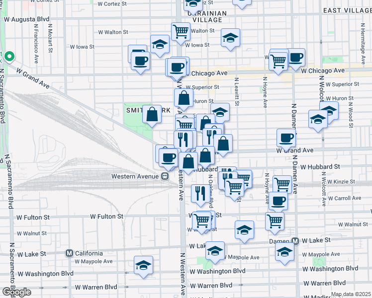 map of restaurants, bars, coffee shops, grocery stores, and more near in Chicago