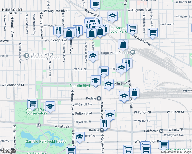 map of restaurants, bars, coffee shops, grocery stores, and more near 3240 West Franklin Boulevard in Chicago