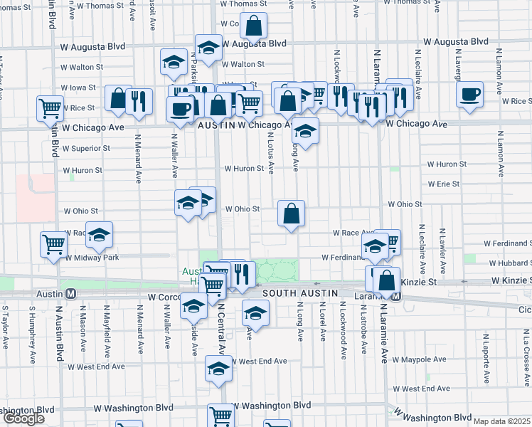 map of restaurants, bars, coffee shops, grocery stores, and more near 5440 West Race Avenue in Chicago