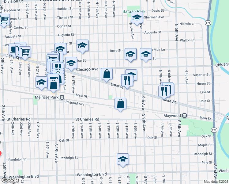 map of restaurants, bars, coffee shops, grocery stores, and more near 1201-1299 Main Street in Melrose Park