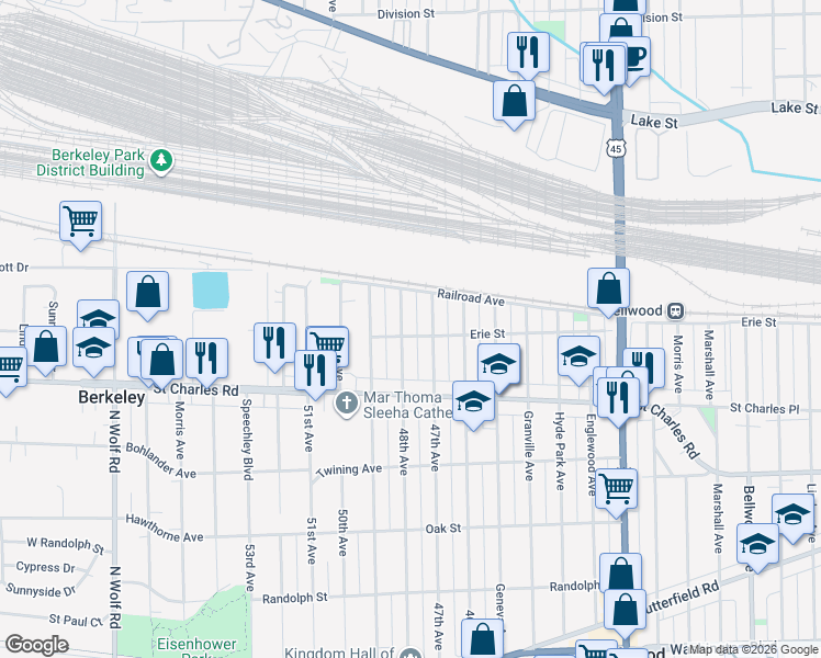 map of restaurants, bars, coffee shops, grocery stores, and more near 100 47th Avenue in Bellwood