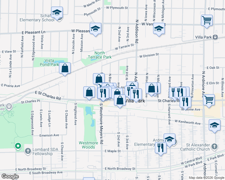 map of restaurants, bars, coffee shops, grocery stores, and more near 20 North 2nd Avenue in Villa Park