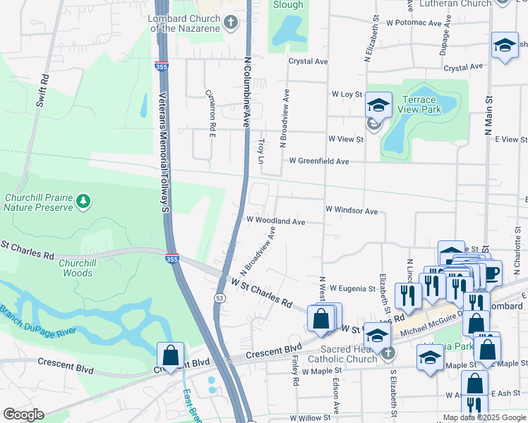map of restaurants, bars, coffee shops, grocery stores, and more near 515 West Woodland Avenue in Lombard