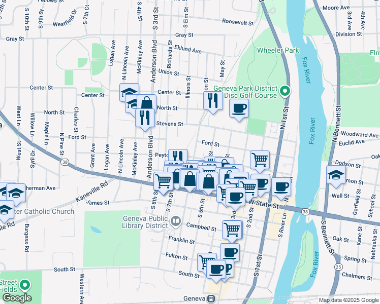 map of restaurants, bars, coffee shops, grocery stores, and more near 127 Richards Street in Geneva