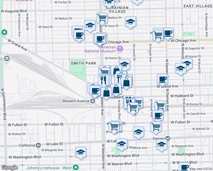 map of restaurants, bars, coffee shops, grocery stores, and more near 2331 West Grand Avenue in Chicago