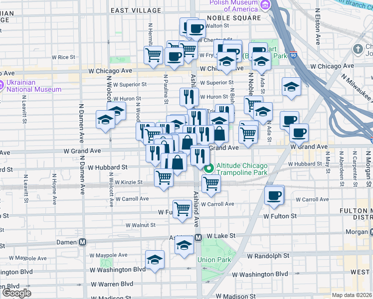 map of restaurants, bars, coffee shops, grocery stores, and more near 1607 West Grand Avenue in Chicago