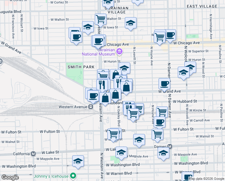 map of restaurants, bars, coffee shops, grocery stores, and more near 2331 West Grand Avenue in Chicago