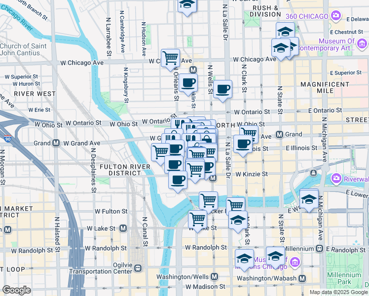 map of restaurants, bars, coffee shops, grocery stores, and more near 320 West Illinois Street in Chicago