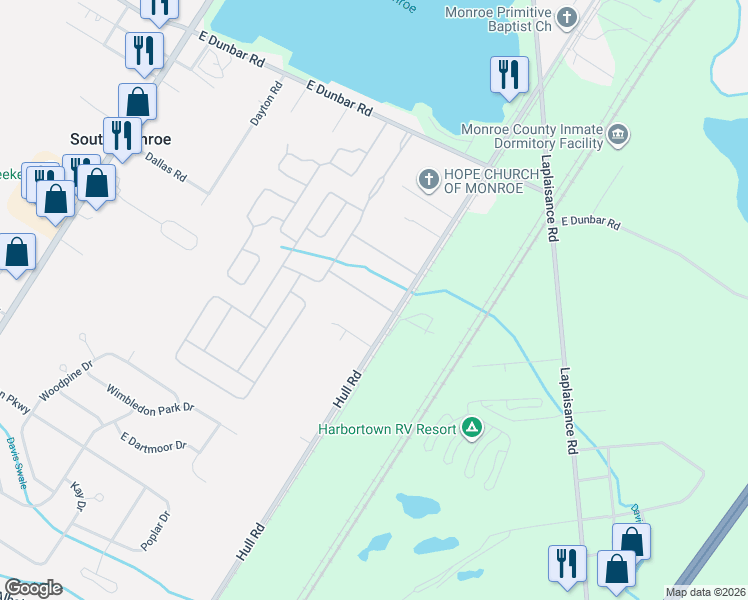 map of restaurants, bars, coffee shops, grocery stores, and more near 162 Juniper Trail in Monroe Charter Township