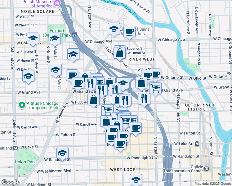 map of restaurants, bars, coffee shops, grocery stores, and more near 456 North Morgan Street in Chicago