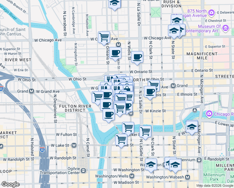 map of restaurants, bars, coffee shops, grocery stores, and more near 310 West Illinois Street in Chicago