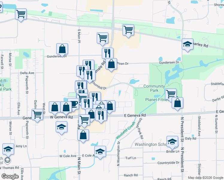 map of restaurants, bars, coffee shops, grocery stores, and more near 530 Thornhill Drive in Carol Stream
