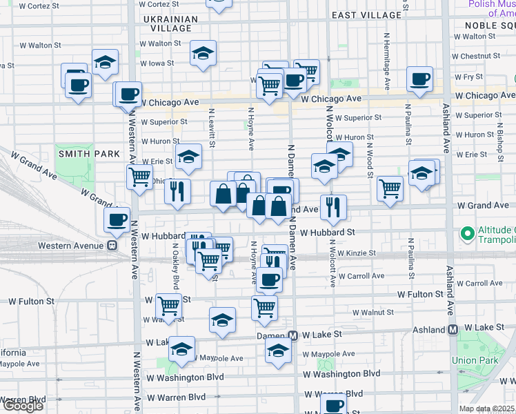 map of restaurants, bars, coffee shops, grocery stores, and more near 2101 West Grand Avenue in Chicago