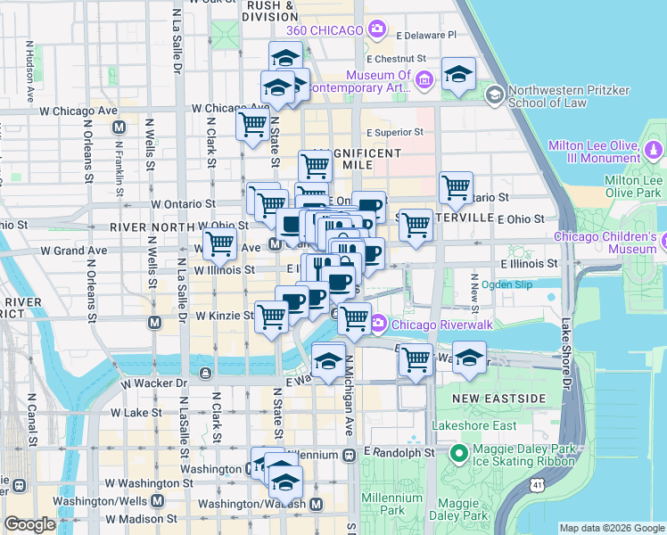 map of restaurants, bars, coffee shops, grocery stores, and more near 100 East Illinois Street in Chicago