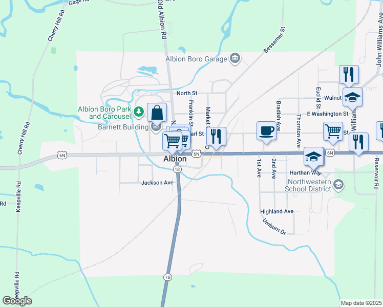 map of restaurants, bars, coffee shops, grocery stores, and more near 0 Smock Avenue in Albion