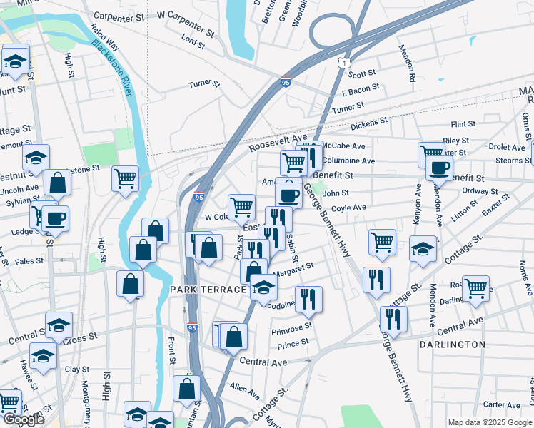 map of restaurants, bars, coffee shops, grocery stores, and more near 7 Coyle Avenue in Pawtucket