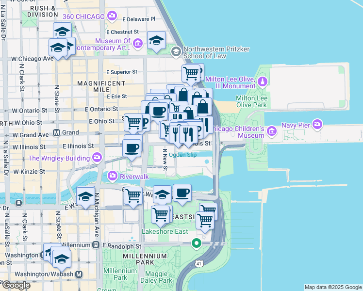 map of restaurants, bars, coffee shops, grocery stores, and more near 411 East Illinois Street in Chicago