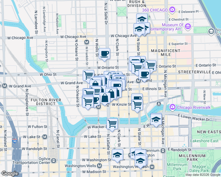 map of restaurants, bars, coffee shops, grocery stores, and more near 111 West Illinois Street in Chicago