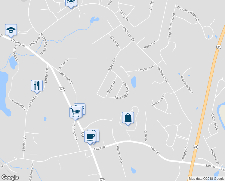 map of restaurants, bars, coffee shops, grocery stores, and more near 60 Bryan Drive in Taunton