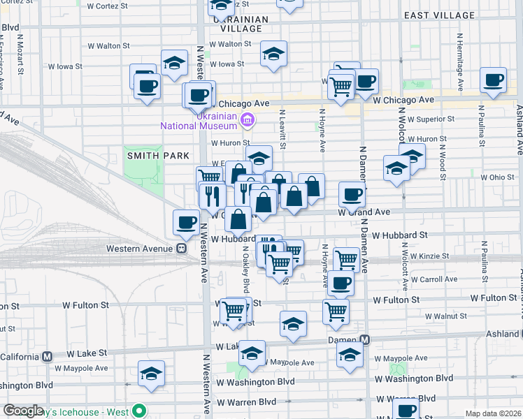 map of restaurants, bars, coffee shops, grocery stores, and more near 2234 West Grand Avenue in Chicago