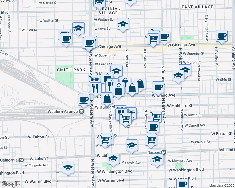 map of restaurants, bars, coffee shops, grocery stores, and more near 2234 West Grand Avenue in Chicago