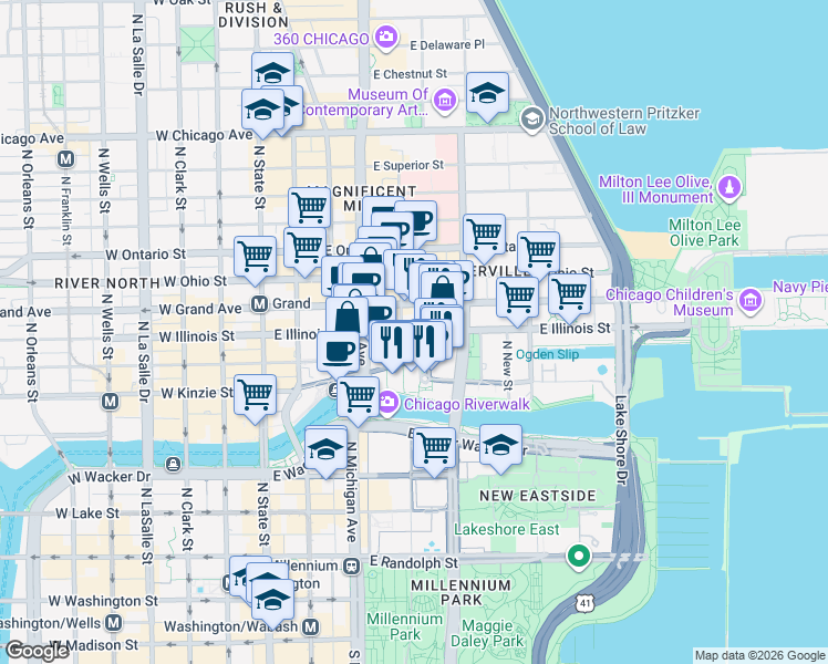 map of restaurants, bars, coffee shops, grocery stores, and more near 450 Cityfront Plaza Drive in Chicago