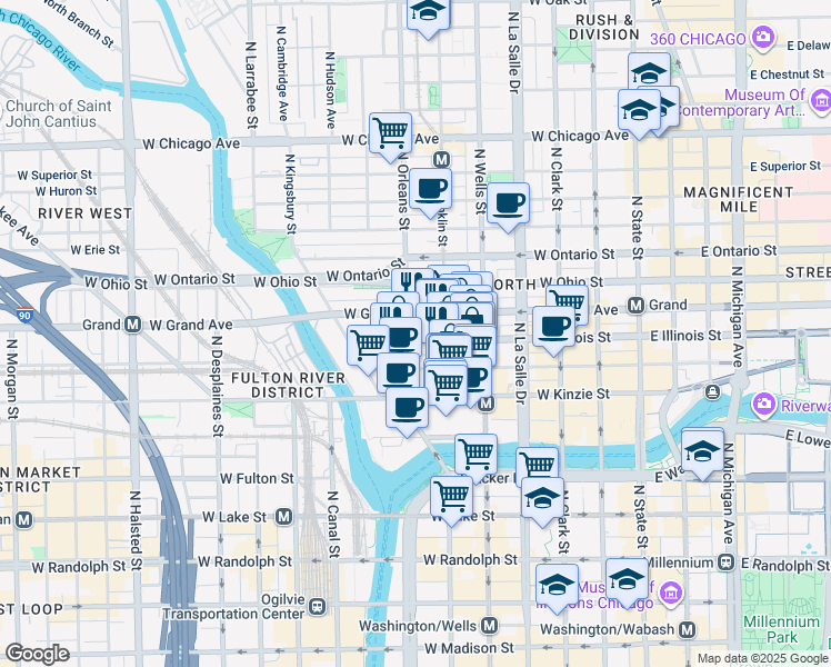map of restaurants, bars, coffee shops, grocery stores, and more near in Chicago