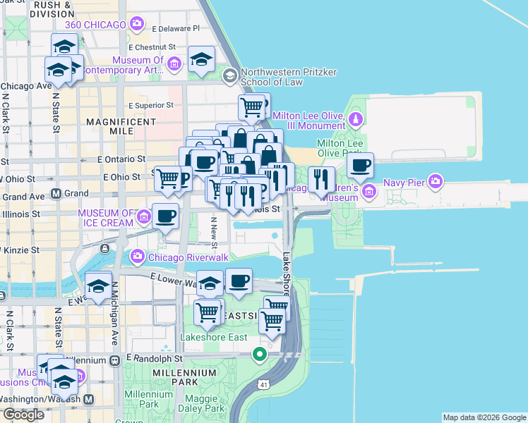 map of restaurants, bars, coffee shops, grocery stores, and more near 455 East Illinois Street in Chicago