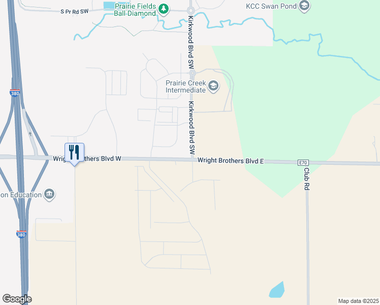 map of restaurants, bars, coffee shops, grocery stores, and more near 57 Wright Brothers Boulevard East in Cedar Rapids
