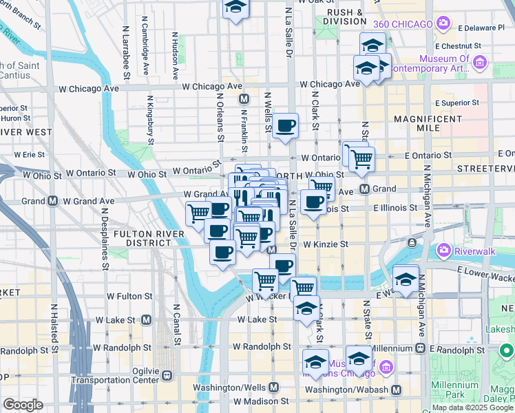 map of restaurants, bars, coffee shops, grocery stores, and more near 220 West Illinois Street in Chicago