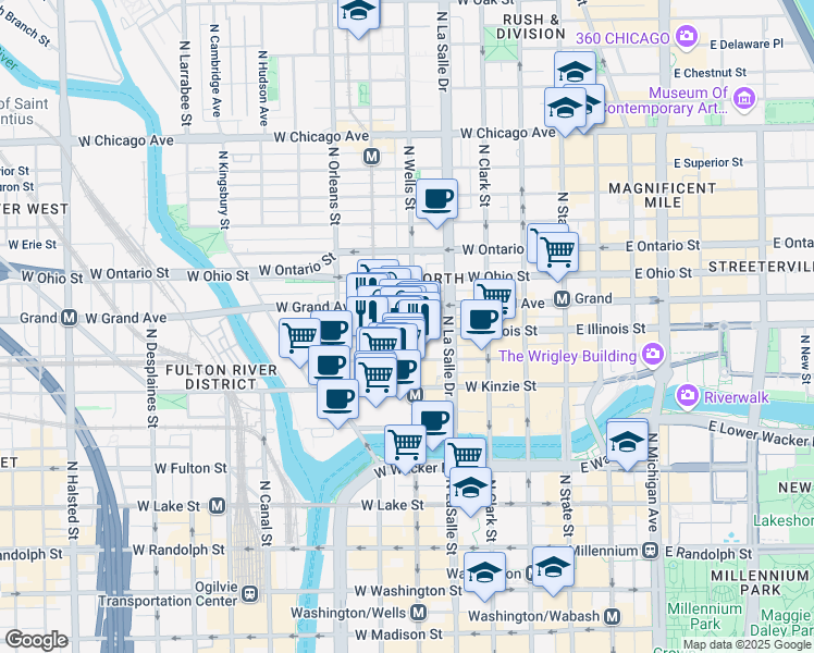 map of restaurants, bars, coffee shops, grocery stores, and more near 444 North Wells Street in Chicago